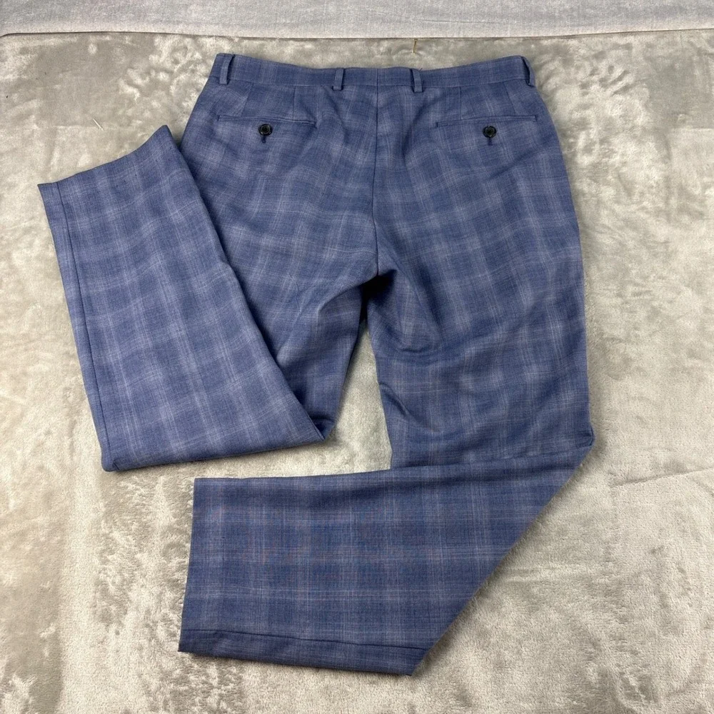 Lauren Ralph Lauren Dress Pants Mens 34x30 Plaid Blue Wool Blend Stretch EUC